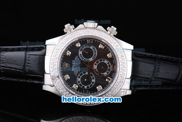 Rolex Daytona Oyster Perpetual Chronometer Automatic with Full Diamond Bezel,Black Dial and Diamond Marking-Black Leather Strap - Click Image to Close
